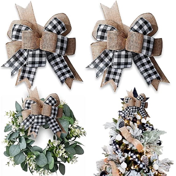 2 Pieces Christmas Plaid Burlap Bows Buffalo Plaid Wreath Bow Double Large Xmas Tree Topper Bows Black and White Check Holiday Wedding Party DIY Crafts Door Rustic Bow Ornaments, 11.8x 9.4Inches