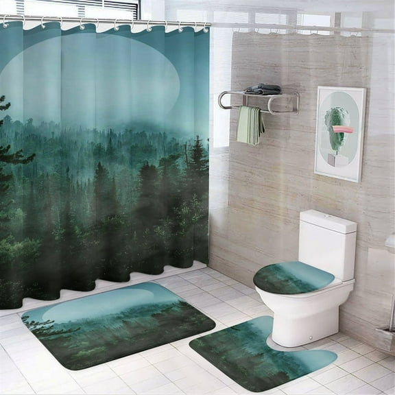 Nature Forest Shower Curtain Set Modern Bathroom Decor Mats 4pcs Fabric Bathroom Curtain Slip Floor Rug Toilet Lid