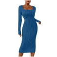 thumbnail image 2 of QUNYINEY Long Sleeve Spring Dresses for Women 2025 Casual Striped Bodycon Dress Square Neck Split Midi Wrapped Dress, 2 of 9