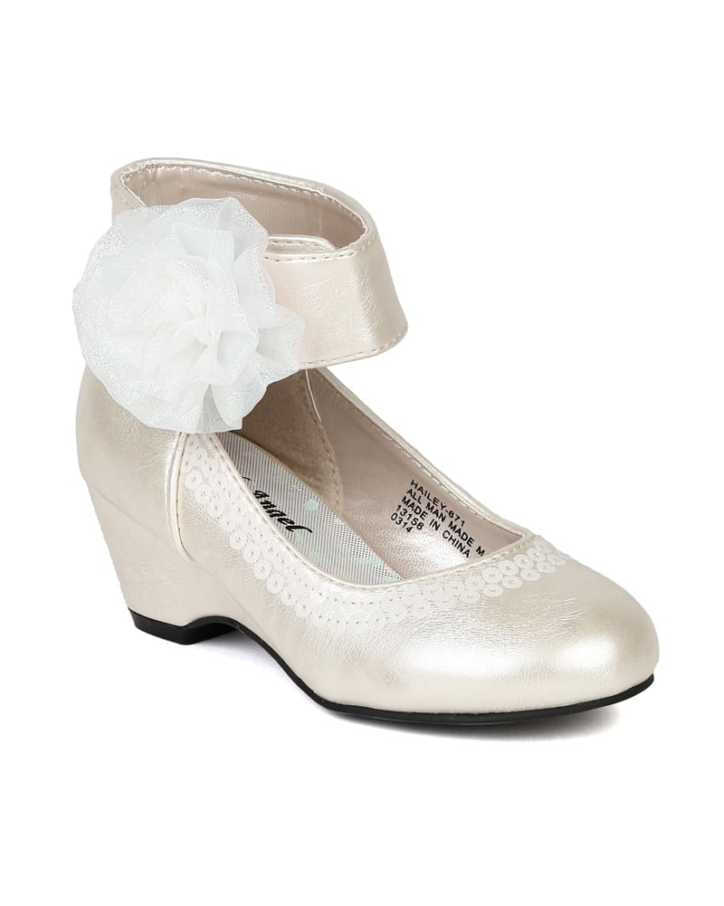 Little Angel Hailey671E New Girl Chiffon Bow Ankle Cuff Kiddie Heel Wedge Sandal