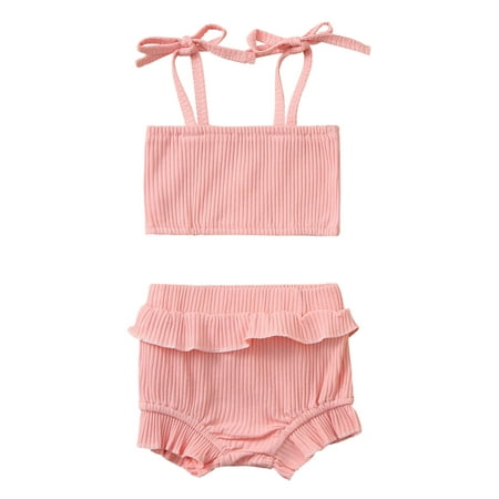 

Fesfesfes Toddler Kids Baby Girls Solid Ribbed Strapless Tops Tee Ruffles Shorts Outfits