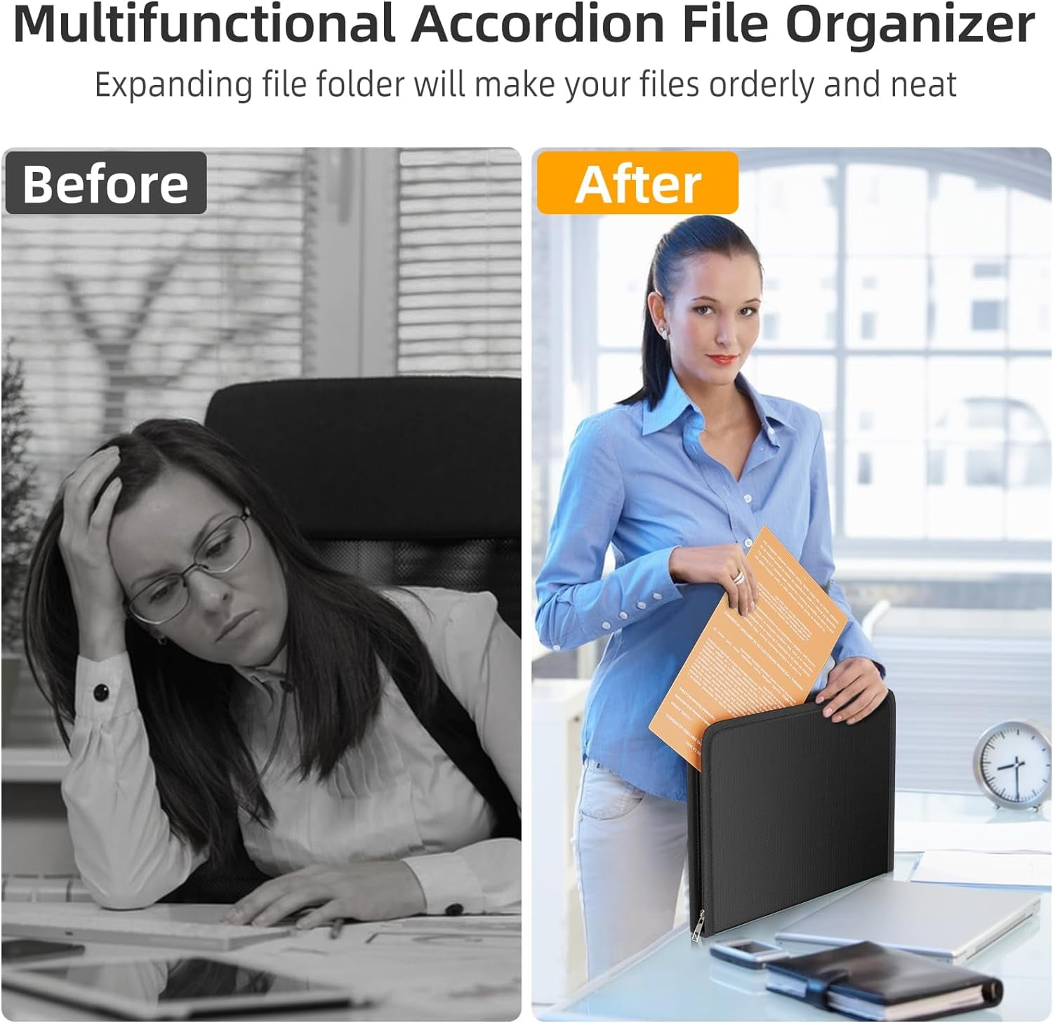 Gijjgole Fireproof Accordion File Organizer, Portable Expanding File Folder with Waterproof Zipper&Labels, Black Document Organizer with 13 Pockets, File Organizer for Important Document/Paper