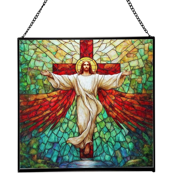 Divine Compassion Cross Scene Square Stained Glass Suncatcher, 8in Square Hanging Window Panel with Metal Chain, Christian Home Decor Gift for Christmas, Easter, or Prayer Room 176OR2