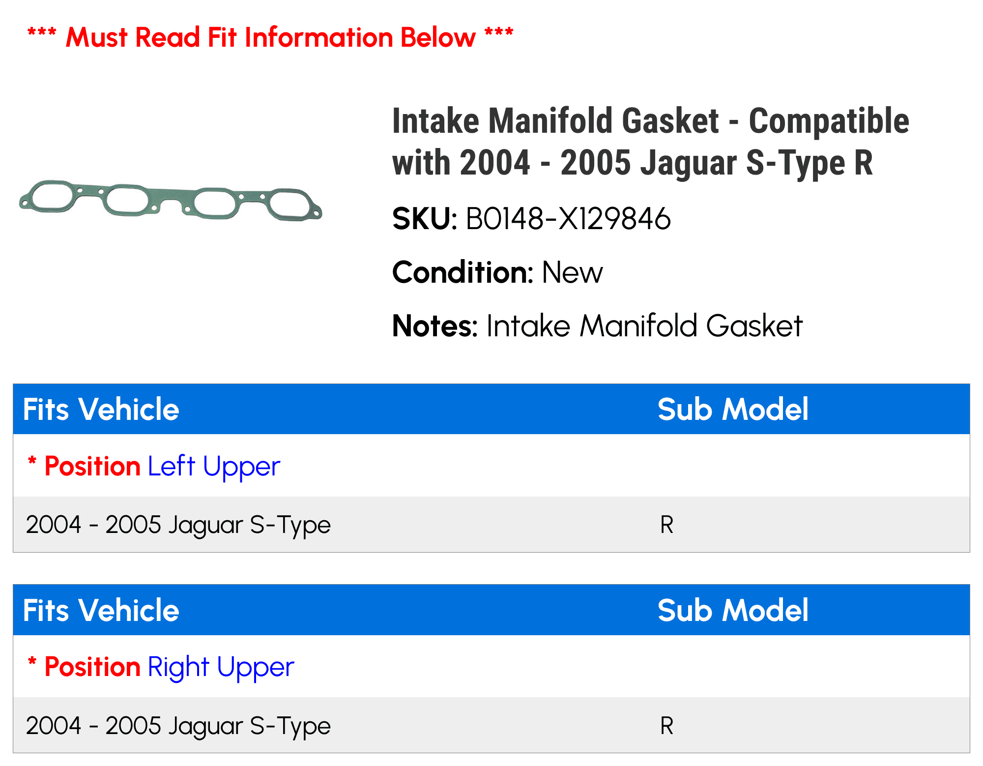 Intake Manifold Gasket - Compatible with 2004 - 2005 Jaguar S-Type R