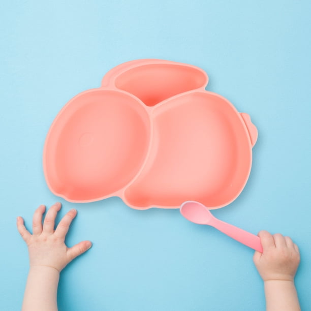 Plato De Alimentación De Bebé De Silicona Platos de dibujos animados para niños, lindos platos de alimentación de silicona para bebés, cubiertos para bebés (rosa) Wdftyju Libre de BPA