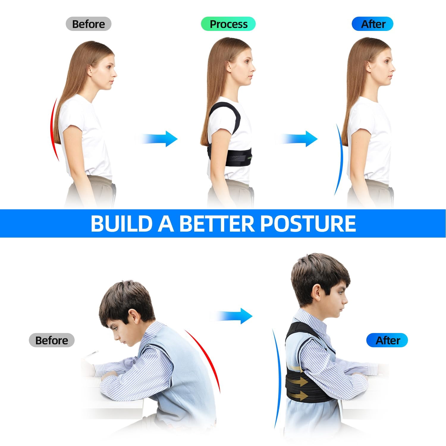 Back Brace Posture Corrector for Kids, Back Straightener Posture Corrector, Scoliosis and Hunchback Correction, Under Clothes Adjustable Upper Back Posture Brace for Teens, Spinal Supportor, Black, S