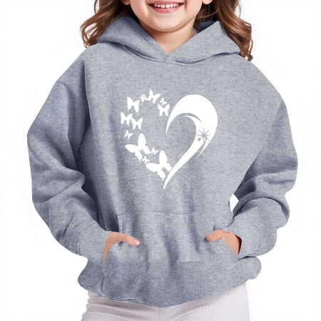 Thetops Big Girls 11T Gray Hoodie - Heart Butterfly Print 100% Polyester Kangaroo Pocket Machine Washable & Durable
