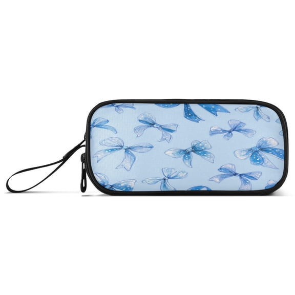 3-Layer Zipper Pencil Case Pencil Pouch Large Capacity Pencil Pouch for Travel and Office Supplies Blue Bows and Ribbons