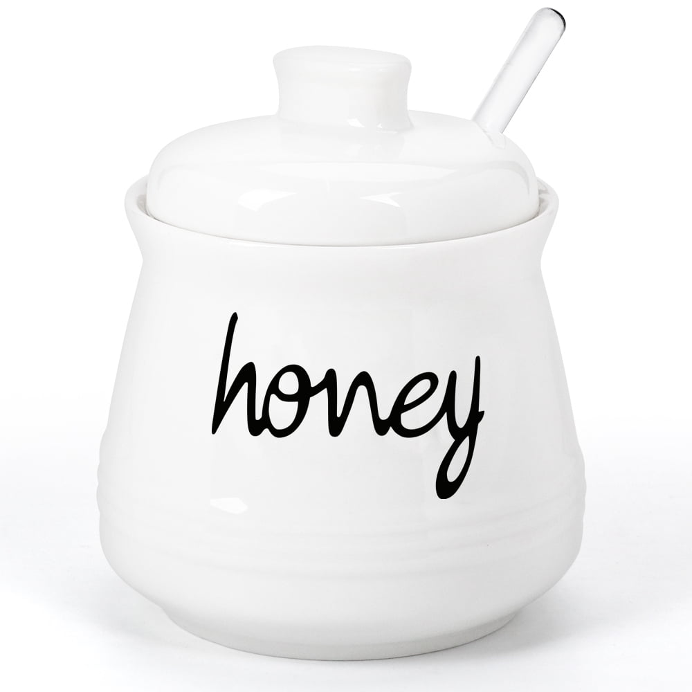 Quyimy Honey Jar with Lid and Glass Dipper Ceramic Honey Dispenser 12oz