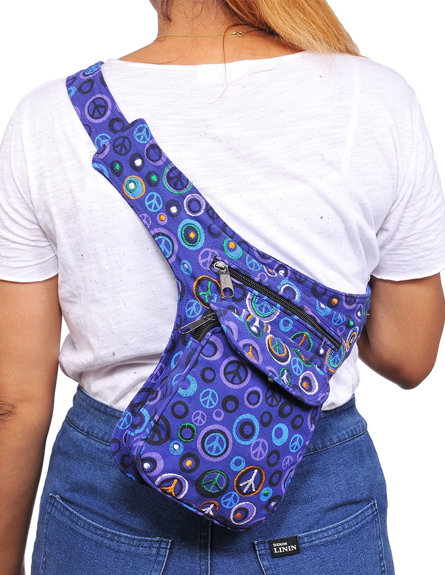 The Collection Royal Fanny Pack Crossbody Bags for Women| Cotton Canvas Boho Hippie Festival Colorful Belt Bag for Women (Purple Peace R)