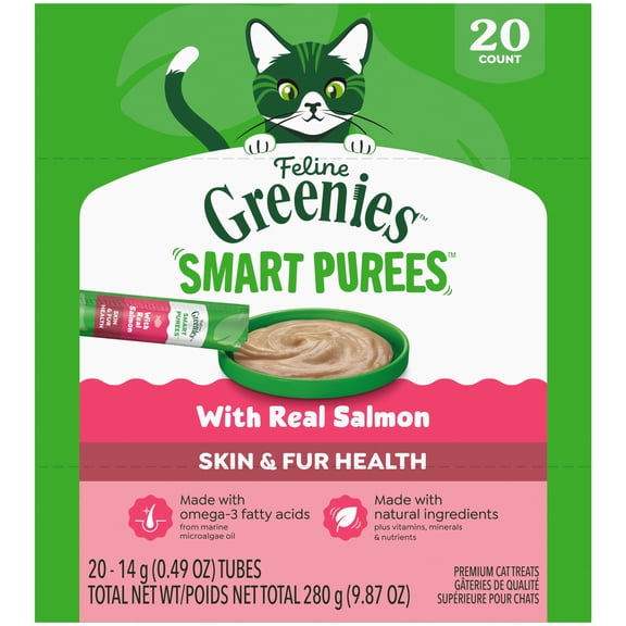 Greenies Feline Smart Purees Salmon Skin & Fur Health Lickable Cat Treats 0.49 Oz Tubes (20 Count)