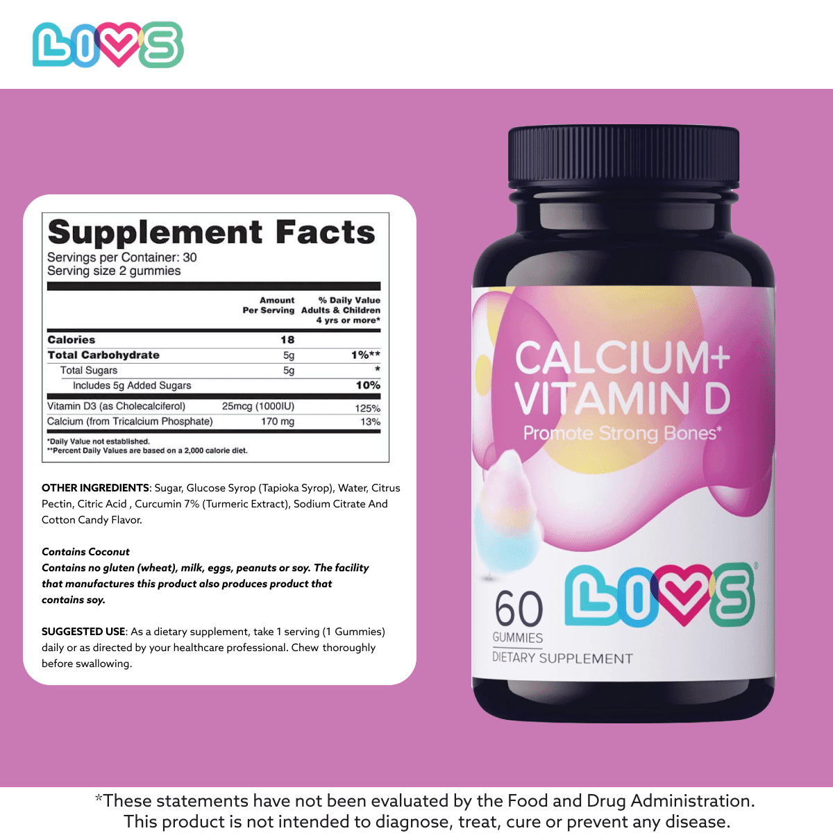 LIVS Calcium & Vitamin D3 Gummies, 1000 IU (25 mcg) D3 + 170 mg Calcium, Bone & Immune Support, Vegan, Cotton Candy Flavor, 60 Count/30 Servings