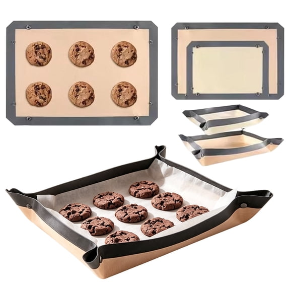 Silicone Baking Mat with Button, No Leak & Non Stick Reusable Bake Mat, Leakproof Oven Baking Sheet, Foldable Kitchen Baking Liner, Corners Snap Together to Form Leakproof Baking Tray, 16.5 x 11.6 in
