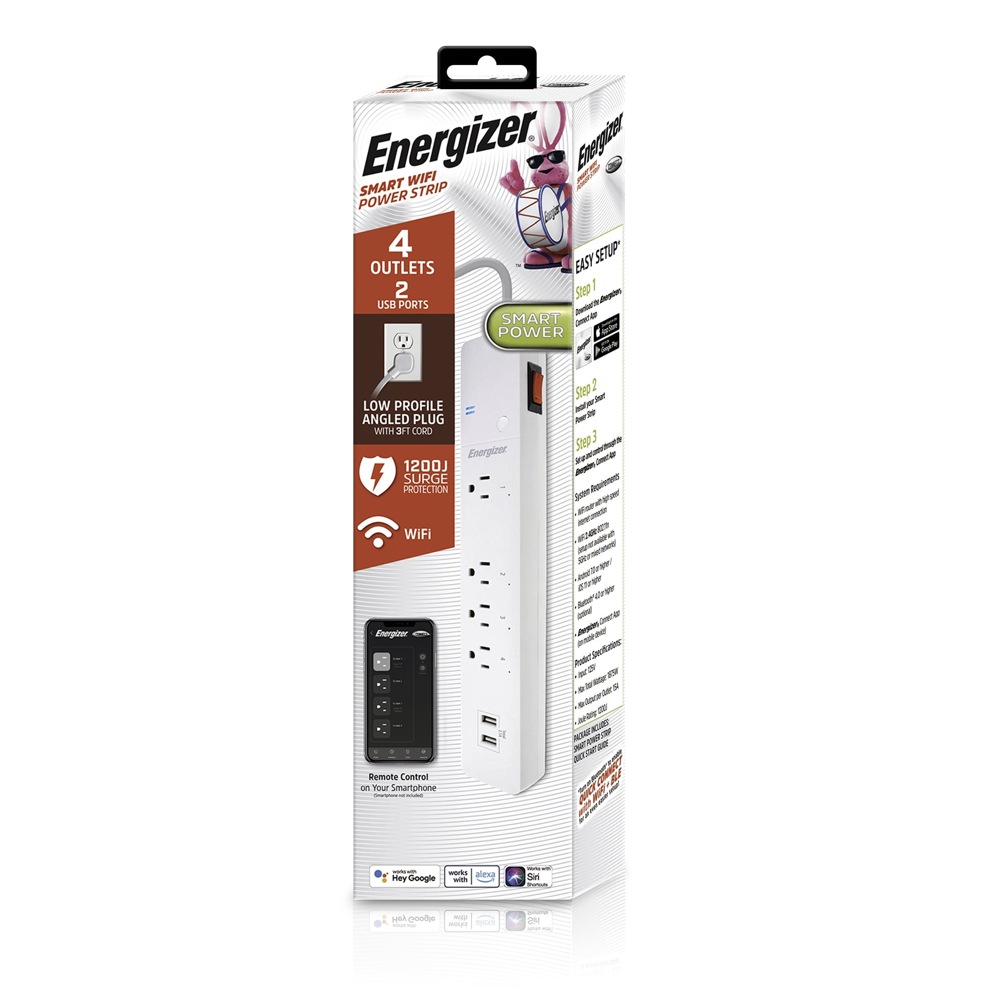 Smart Wi-Fi 4 Outlet 2 USB Power Strip, 1,200 Joules, Powers 4 Separate Items, Charge Compatible Devices