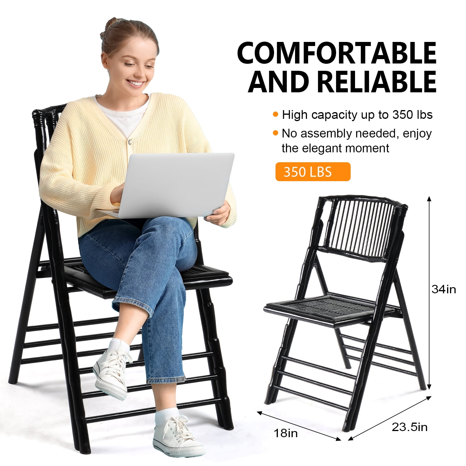 Ktaxon 1Pcs Bamboo Folding Chair,  Comfortable Seat for Indoor Outdoor Patio Porch Wedding  Party Event, Black
