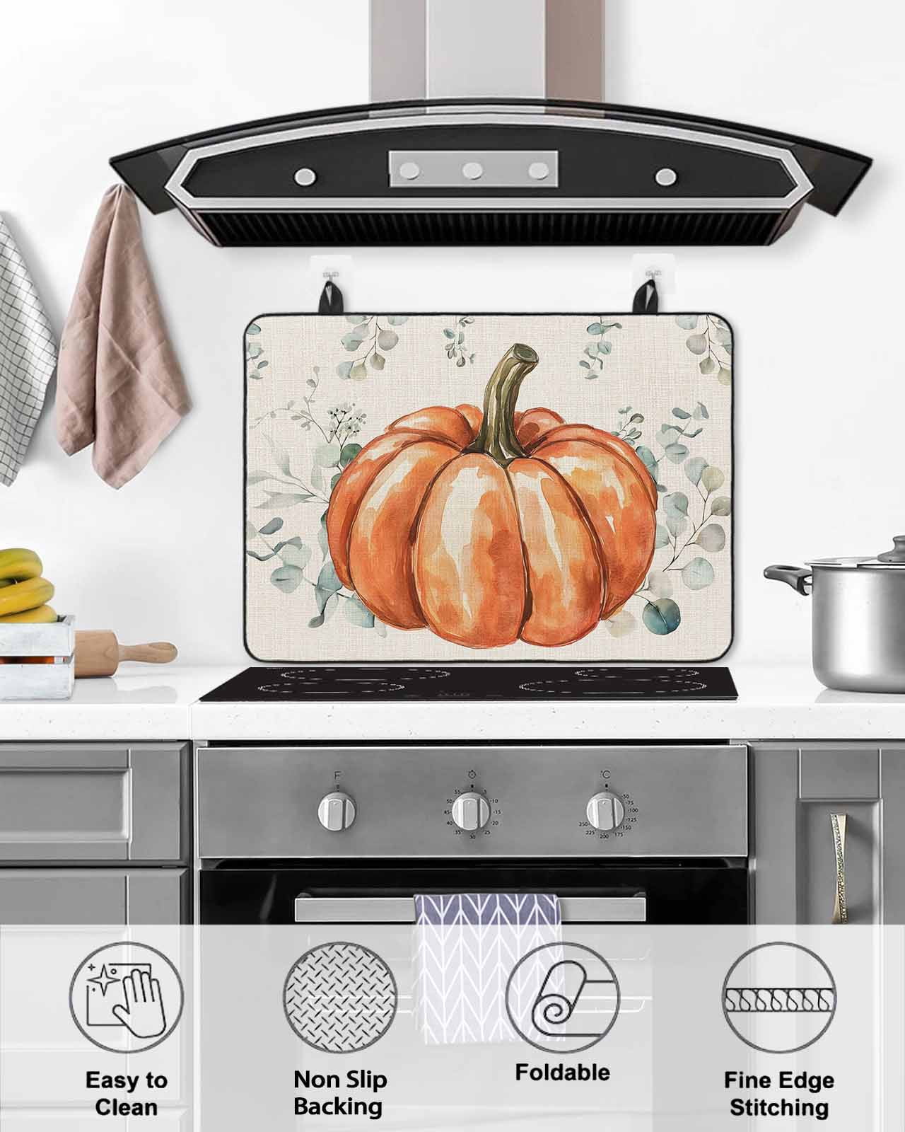 Large Induction Cooktop Protector Mat Thanksgiving Stove Top Covers for Electric Stove, Fall Orange Pumpkin Eucalyptus Leaves Decorative Stove Burner Cover Mats, Glass Top Stove Cover