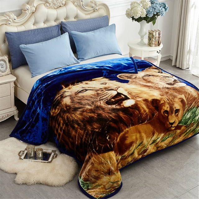 Couverture en Vison Coréen, 2 Plis Imprimée Douce et Chaude pour Automne, Hiver - King, Lion