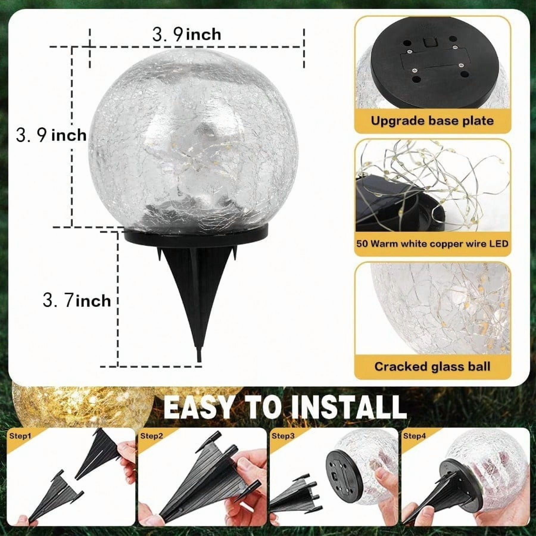 Solar Ball Lights Outdoor Waterproof, 30 LED Cracked Glass Globe Solar Power Ground Lights for Path Yard Patio Lawn, Christmas,New Year Decoration Landscape Warm White(4 Pack 4.7'')