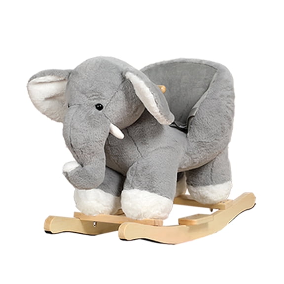 Hforesty Kids Ride-On Rocking Horse Toy with Music and Safety Belt, Soft Plush Elephant Rocker with wooden Base and non-slip handle ,rocking animals for Toddlers 1–3 Years( PP Cotton),grey