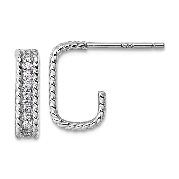 925 Sterling Silver Rhodium Plated Cubic Zirconia Textured Rectangle Post J-hoop Earrings 11.9x7.9mm Wide 3.2mm Thick Ho