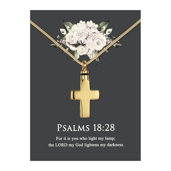 Anavia Cross Cremation Jewelry Stainless Steel Keepsake Memorial Urn Necklace for Human with"Psalms 18:28" Comfort Card-[Gold]