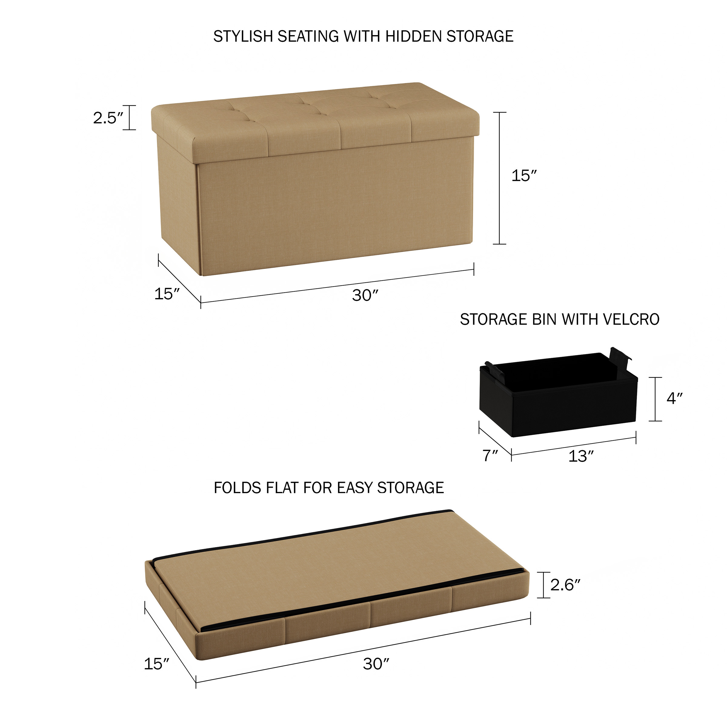 Lavish Home 30-inch Folding Storage Ottoman with Removable Bin (Beige) - image 4 of 8