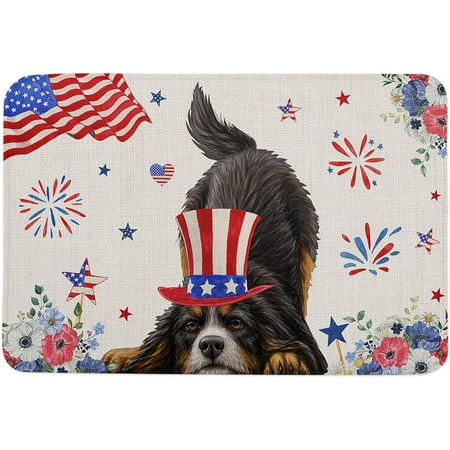 

American Flag Day Indoor Door Mat Entryway Rug Anti-Skid Doormat Decorative Absorbent Washable Floor Mat for House Patio High Traffic Areas Decorch Rustic Dog with Star Firework Poppies 24x16 Inch