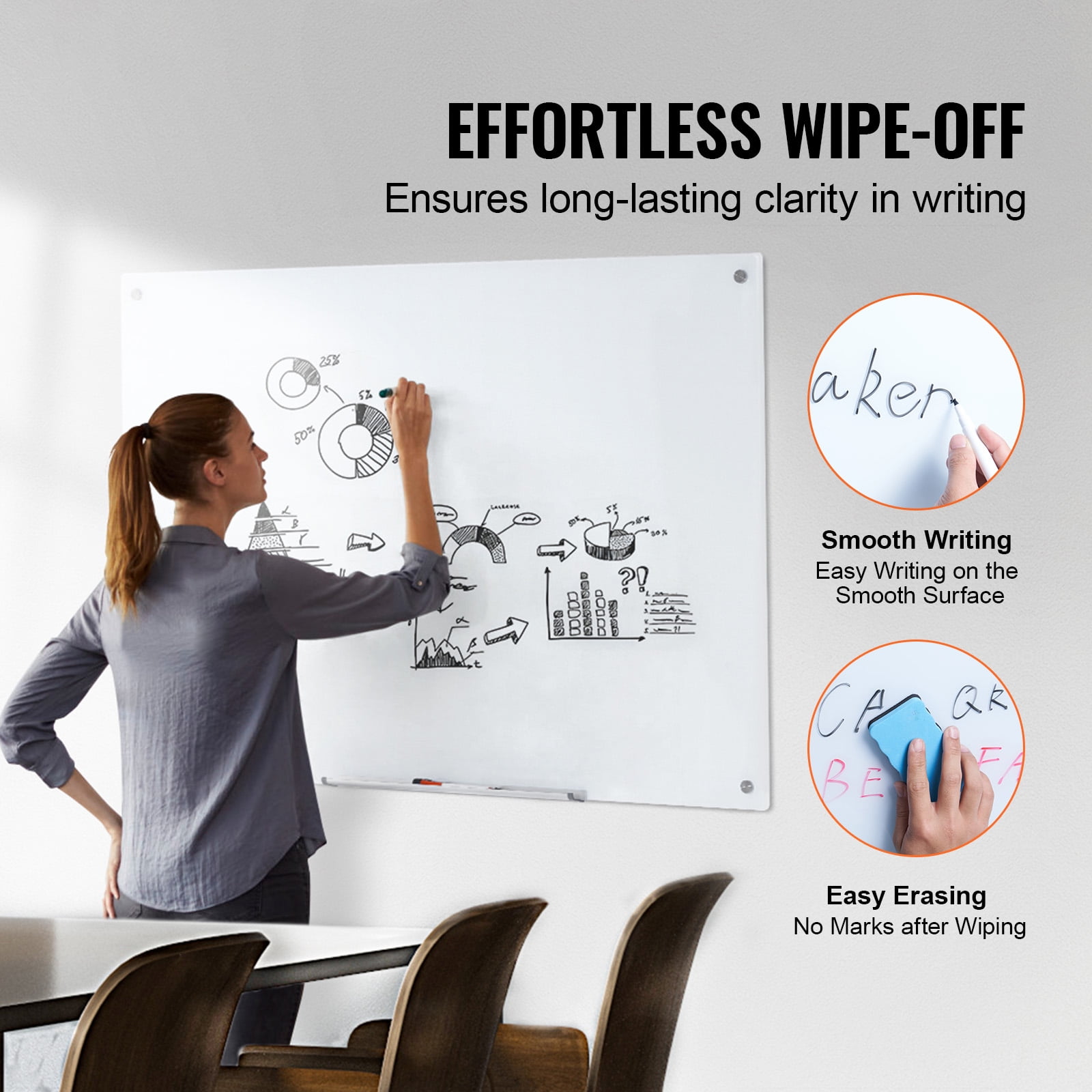 KFFKFF Glass Whiteboard with Magnetic Properties, 48"x32" Dry Erase Board, Frameless Large White Glassboard for Wall Mounting, Comes with a Tray for Markers, a Whiteboard Eraser and a Pair of Markers