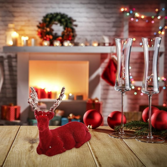 KALLORY 1Pcs Red Flocking Reindeer Statue Deer Figurine Christmas Tabletop Decor 9.0x8.5x6.0in
