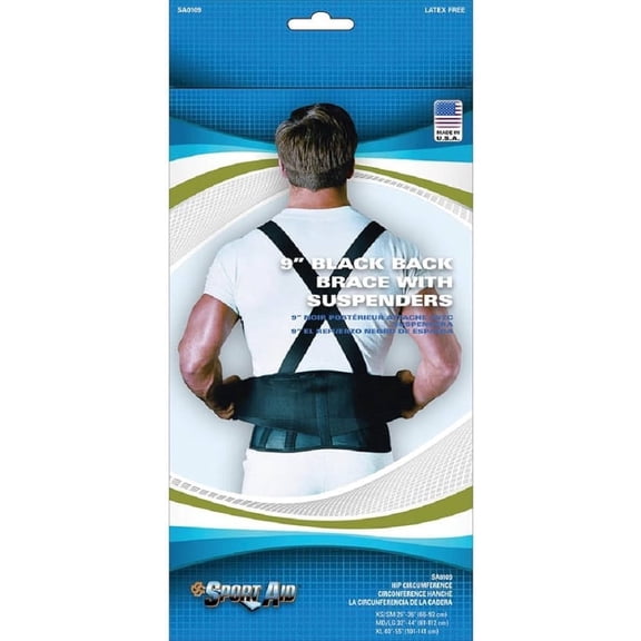Sport Aid Back Brace with Suspenders, 9", Black