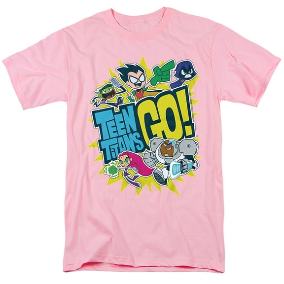 Teen Titans Go Logo And Characters Burst Unisex Adult T Shirt, Pink, X Large