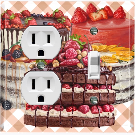 Metal Light Switch Wall Plate Outlet Cover (Layered Chocolate Cake Party Berry Fruit - Single Duplex Single Toggle)
