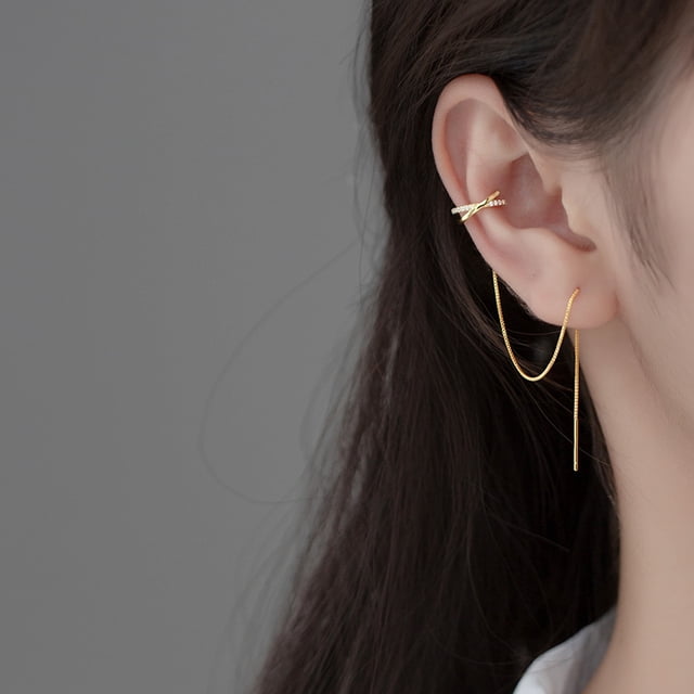 Línea de pendientes de plata S925 para mujer, con forma de cruz incrustada de diamantes, con clip para la oreja, joyería para orejas largas
