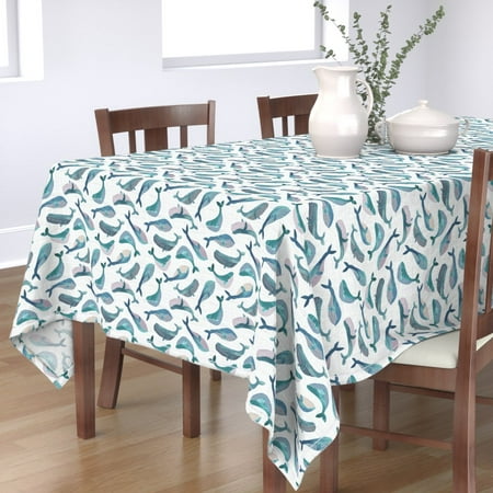 

Cotton Sateen Tablecloth 70 x 90 - Painted Whales Watercolor Blue Nautical Sea Kids Summer Ocean Beach Print Custom Table Linens by Spoonflower