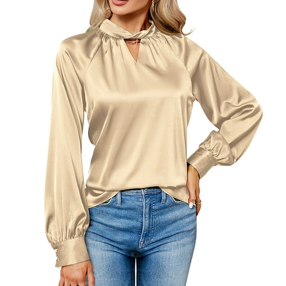 RYRJJ Womens Satin Silk Work Shirts Elegant Draped V Neck Dressy Casual Blouses Business Puff Long Sleeve Tunic Tops(Gold,S)