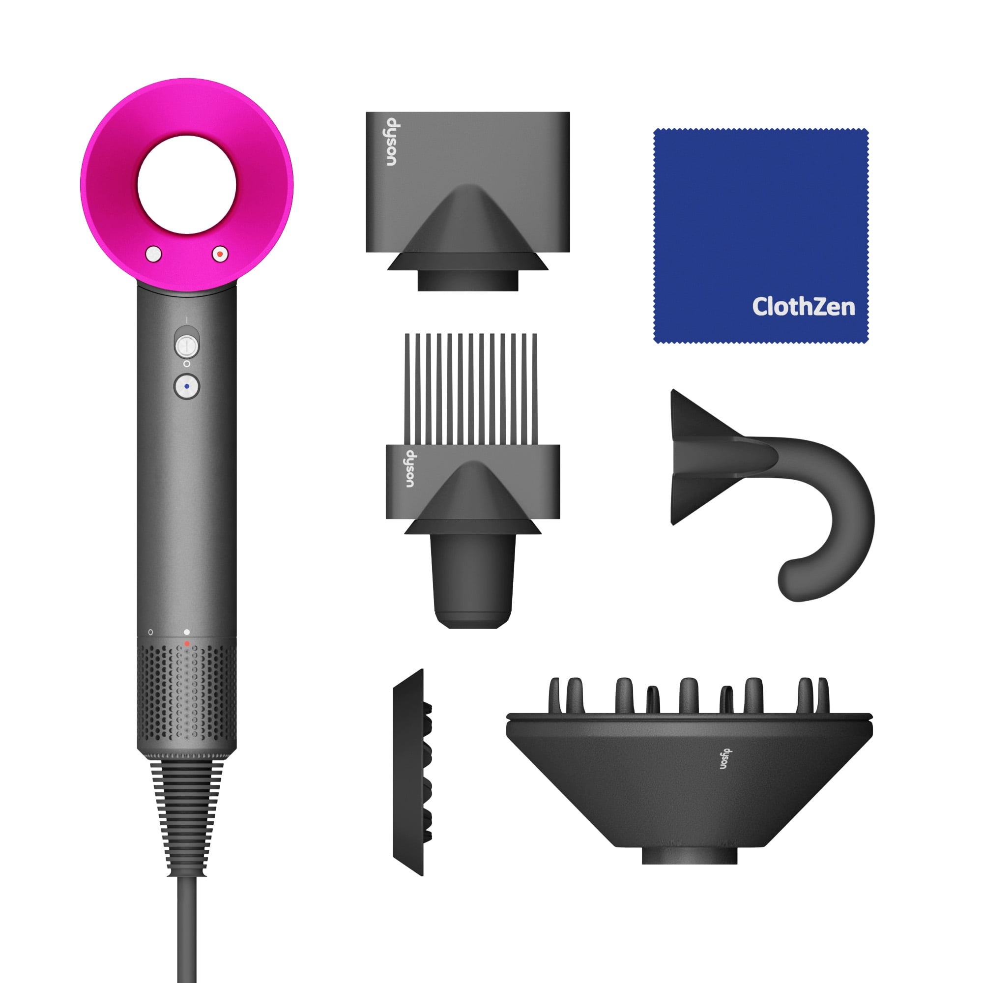 Parasit Begivenhed Nebu Limited Edition Dyson Supersonic Hair Dryer with ClothZen Cloth – Includes  Flyaway Attachment, Styling Concentrator, Diffuser, Gentle Air Attachment &  Wide-Tooth Comb – Iron/Fuchsia - New - Walmart.com