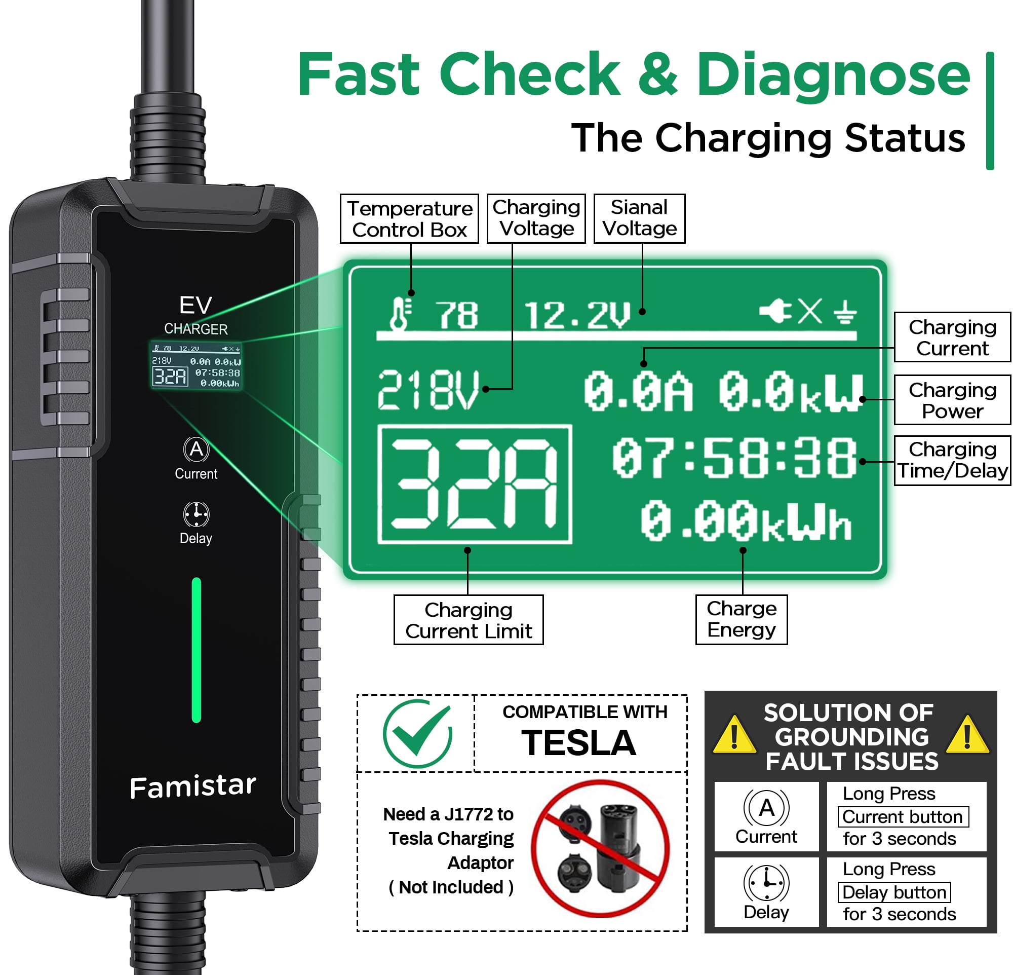 Famistar EV Charger, Level 2 Portable Electric Vehicle Car Charger Charging Station, 14-50 Plug, 32 Amp, 100-240V, 25FT Model, IP65 Waterproof, 0.96” LCD Screen, UL Recognized, for SAE J1772 EV