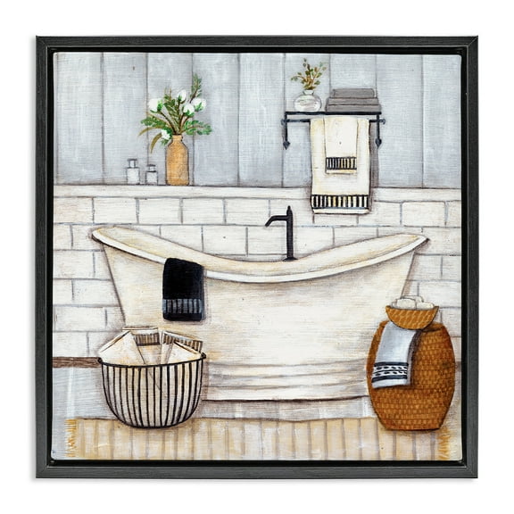Stupell Industries Bathroom Farmhouse Style Tub Abstract Painting Black Floater Framed Canvas Art Print Wall Art, 18 x 18