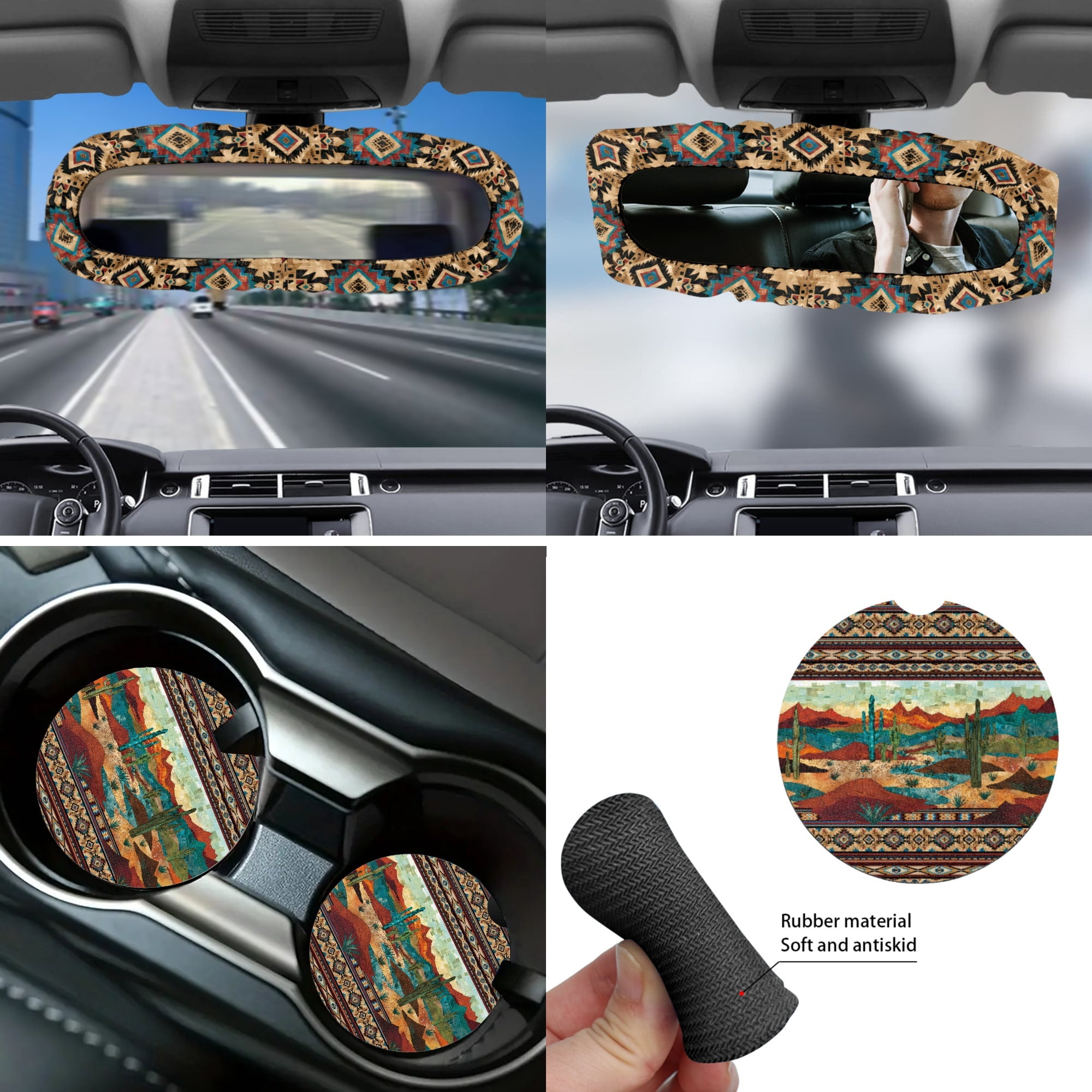 Yuyamidu 14pcs Western Aztec Car Seat Cover Split Cover Cactus Steering Wheel Cover Seatbelt Pads Auto Armrest Cover Trash Bin Rearview Mirror Cover Handbrake Cover Set Cup Coasters
