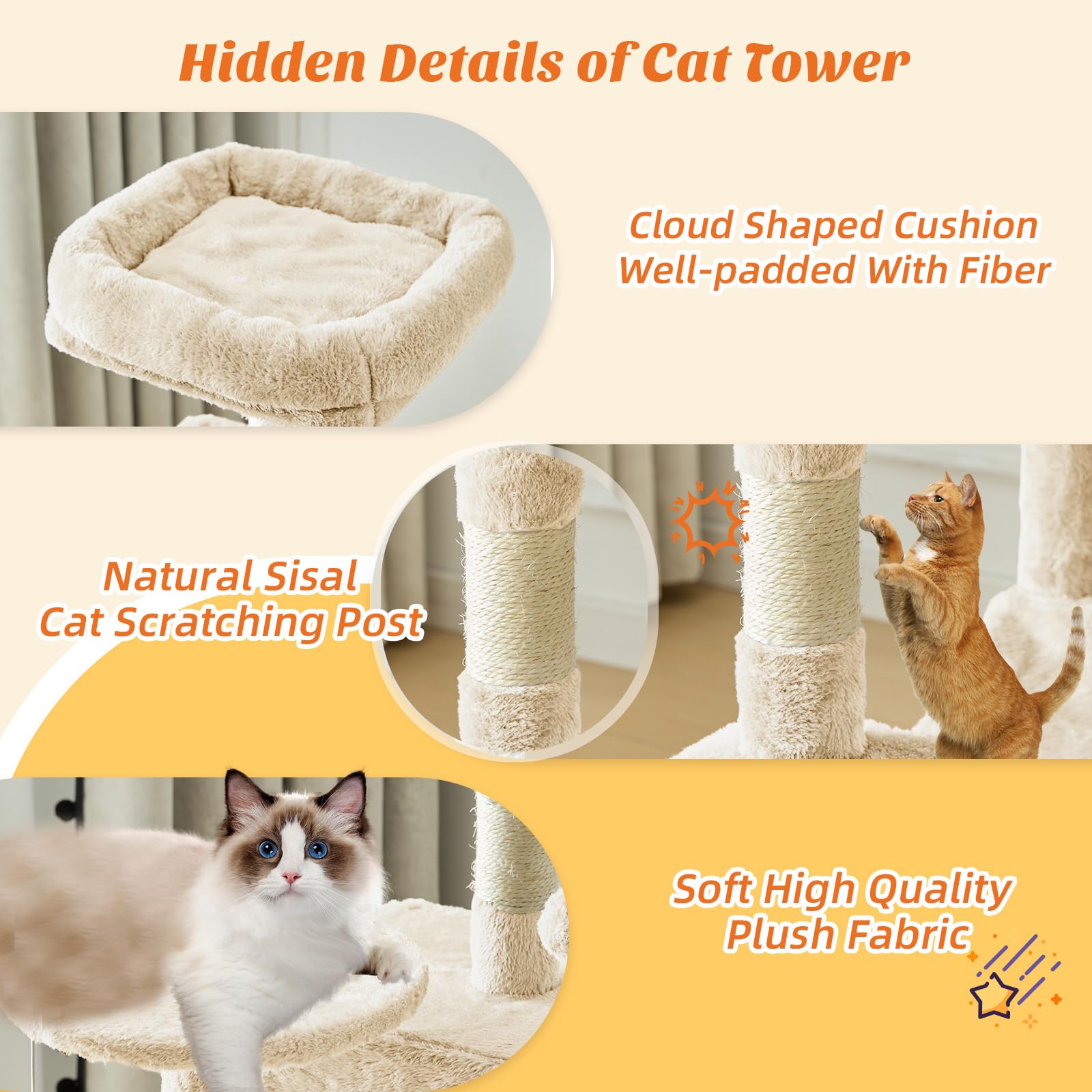 Atilioo 44 inch Cat Tree, Multi-Level Indoor Cat Tower with Condo, Hammock, Sisal Scratching Posts, Anti-Tip Bolts for Indoor Cats, Beige