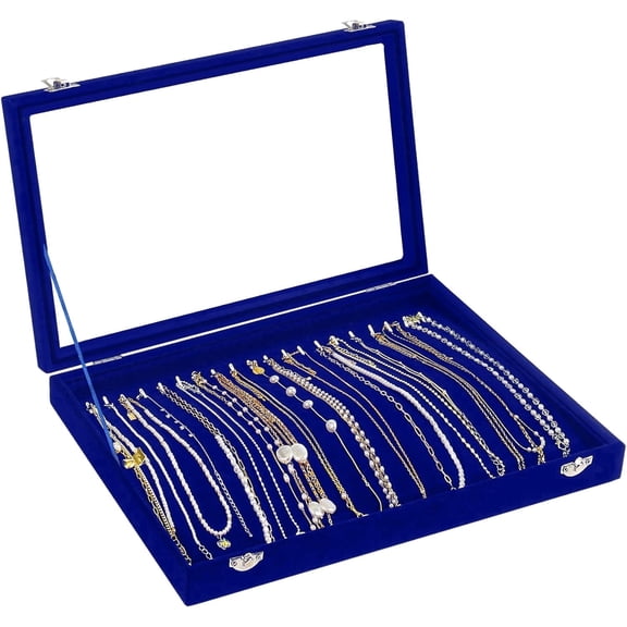 TAVENE Dustproof Velvet Jewelry Tray Sapphire Blue, Clear Lid Necklace Holder for Long Pendant Storage