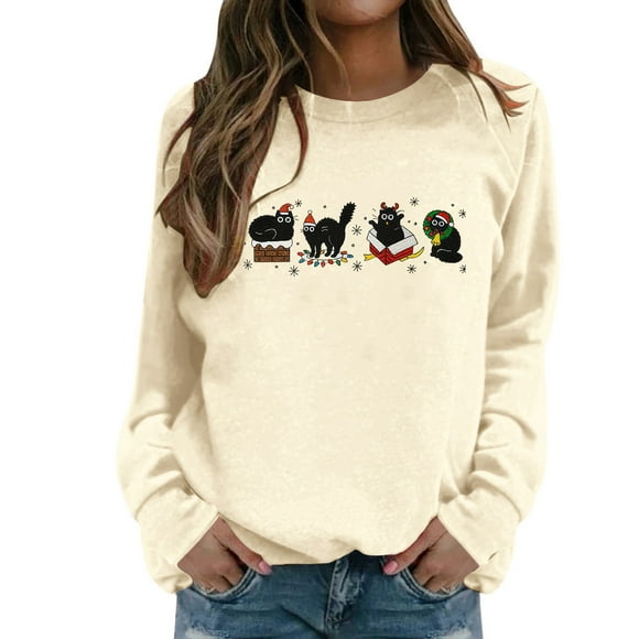 Zhanying Black Cat Christmas Sweatshirt – Funny Graphic Holiday Pullover Cozy Gift for Cat Lovers Beige XXL
