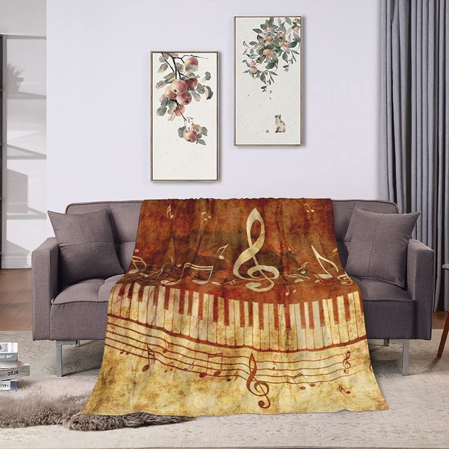 Piano Keys Musical Notes Music Vintage Throw Blanket Super Soft Warm Bed Blankets for Couch Bedroom Sofa Office Car, All Season Cozy Flannel Plush Blanket for Girls Boys Adults, 50"X40"