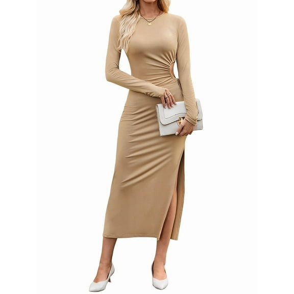 Women'S Bodycon Maxi Dress Mock Neck Side Slit Fall Long Sleeve Ruched Long Dress Khaki XL