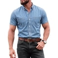 thumbnail image 2 of COSFO Blue Men Button Down Shirt Work Denim Short Sleeve Shirt Collared Classic Fit with Pocket Fishing Mens Shirts S, 2 of 9
