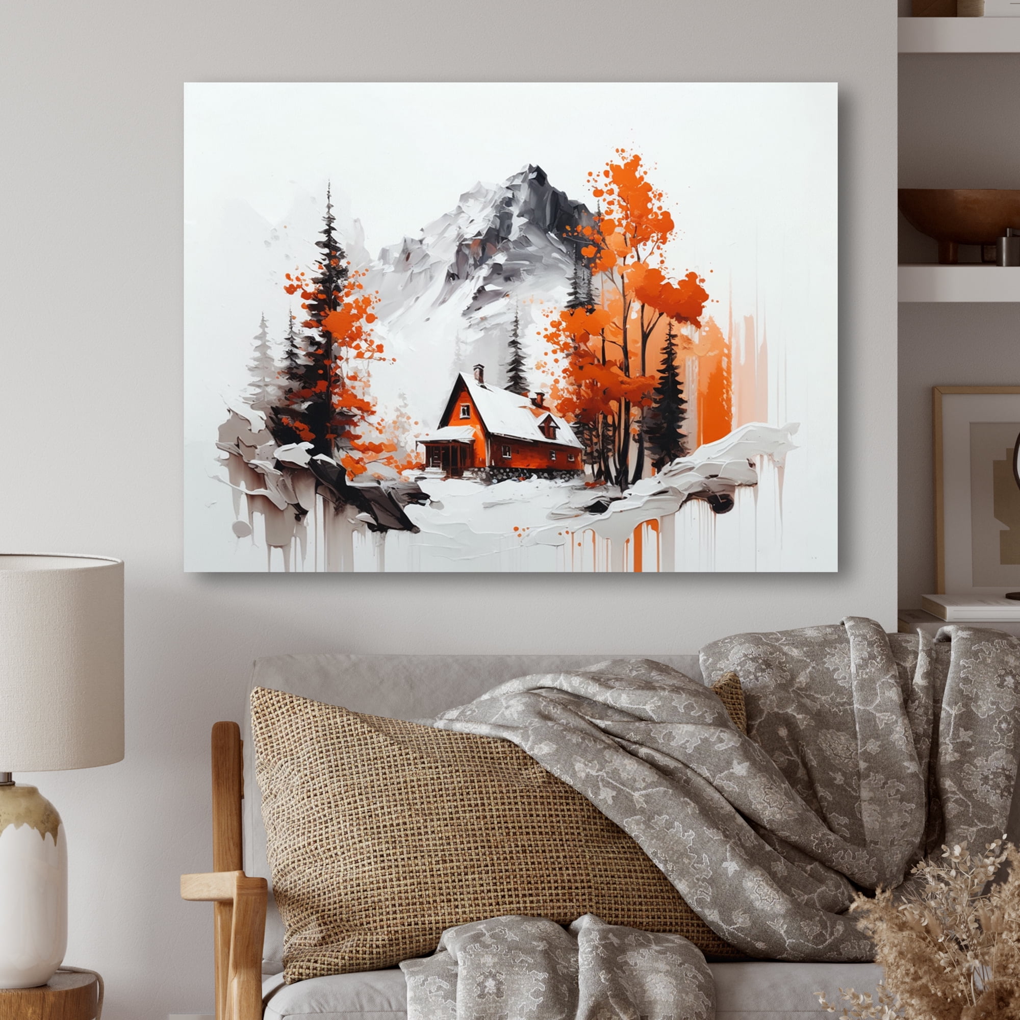 Designart Monochrome Orange Cottage In Winter XI Canvas Wall Art