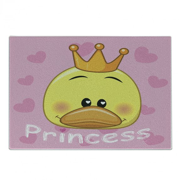 Feminine Cutting Board, Cartoon Duck with Tiara and Hearts in the Background Fun Art, Decorative Tempered Glass Cutting and Serving Board, Small Size, Yellow and Pink, by Ambesonne