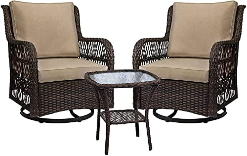 Beige Polaris Garden 3-Piece Patio Furniture Wicker Rocking Swivel Chairs,Outdoor Bistro Set 360-Degree 2 Cushioned Swivel Wicker Chairs with Coffee Table 