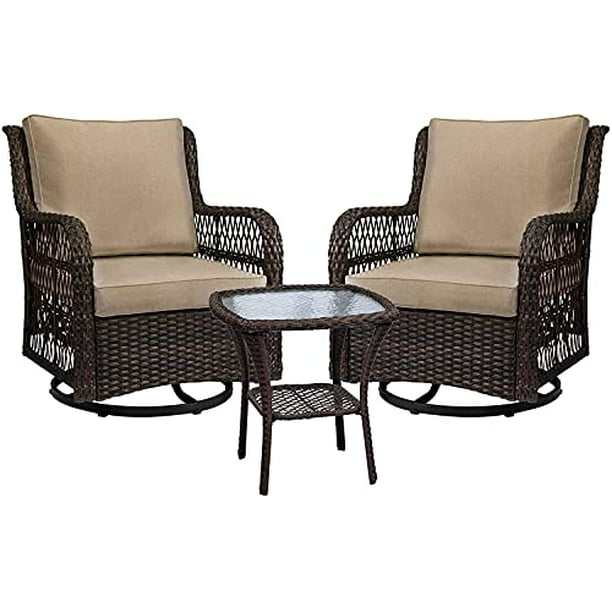 Outdoor Wicker Swivel Rocker Patio Set 360 Degree Rocking Chairs Elegant Bistro With Premuim Cushions And Armored Glass Top Side Table For Backyard Com - Swivel Rocking Patio Set