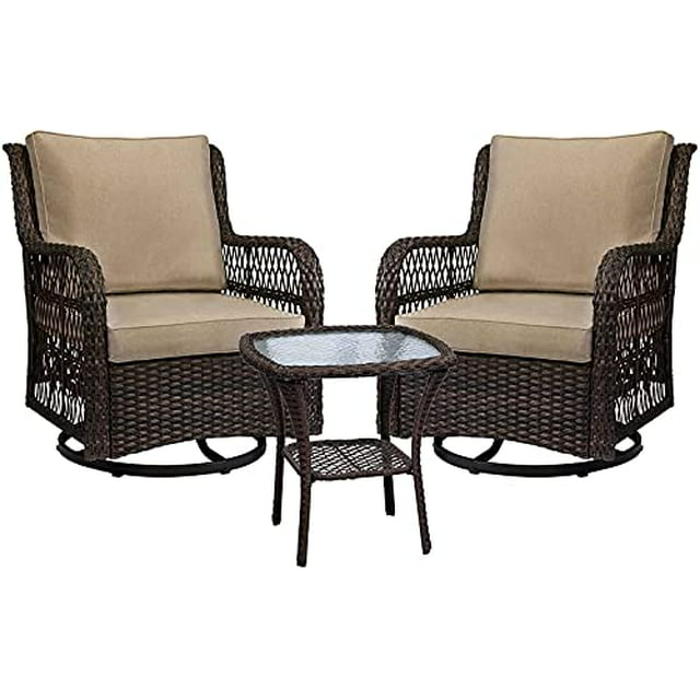 Outdoor Wicker Swivel Rocker Patio Set, 360 Degree Swivel Rocking Chairs Elegant Wicker Patio Bistro Set with Premium Cushions and Armored Glass Top Side Table for Backyard